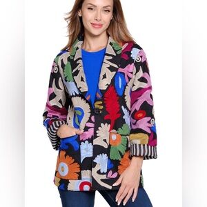 John Mark Multicolor Embroidered Oversized Blazer Colorful Lagenlook Artsy Large